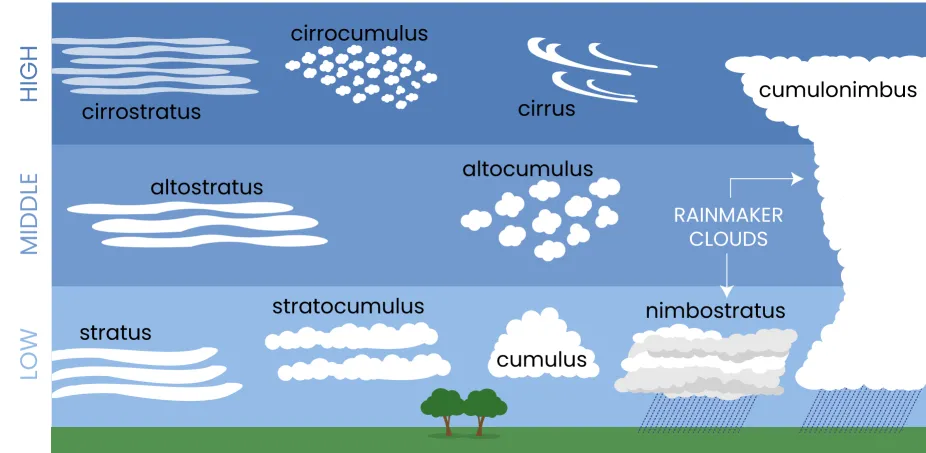 Schéma des principaux types de nuages classés par altitude, du stratus au cumulonimbus, avec leurs noms et leur niveau dans l’atmosphère.